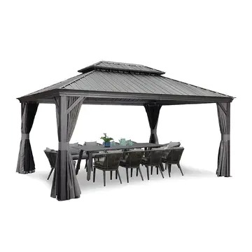 【Gazebo】12' X 16' Permanent Outdoor Hardtop Gazebo，Nettings and Curtains Included