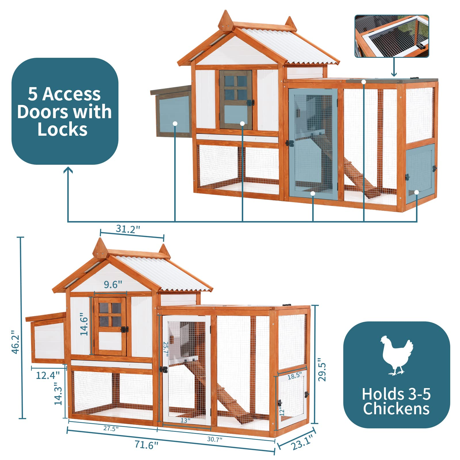 【Pet】Outdoor Wooden Multi-Level Chicken Coop, Poultry Cage wRamps, Run, Nesting Box, Wire Fence