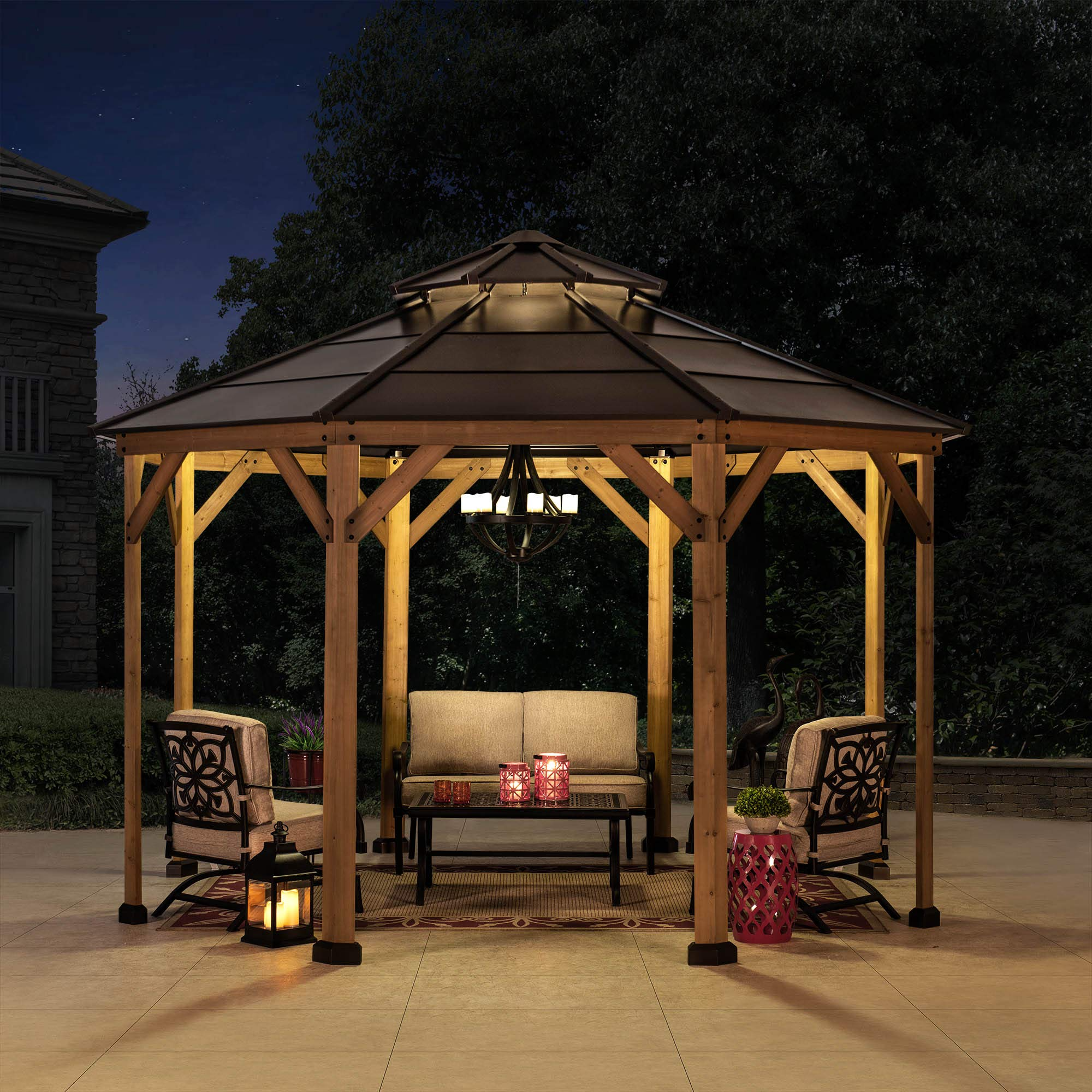 【Gazebo】13x13 Cedar Framed Octagon Wood Gazebo with Brown Double Tiered Steel Hardtop Roof & Ceiling Hook