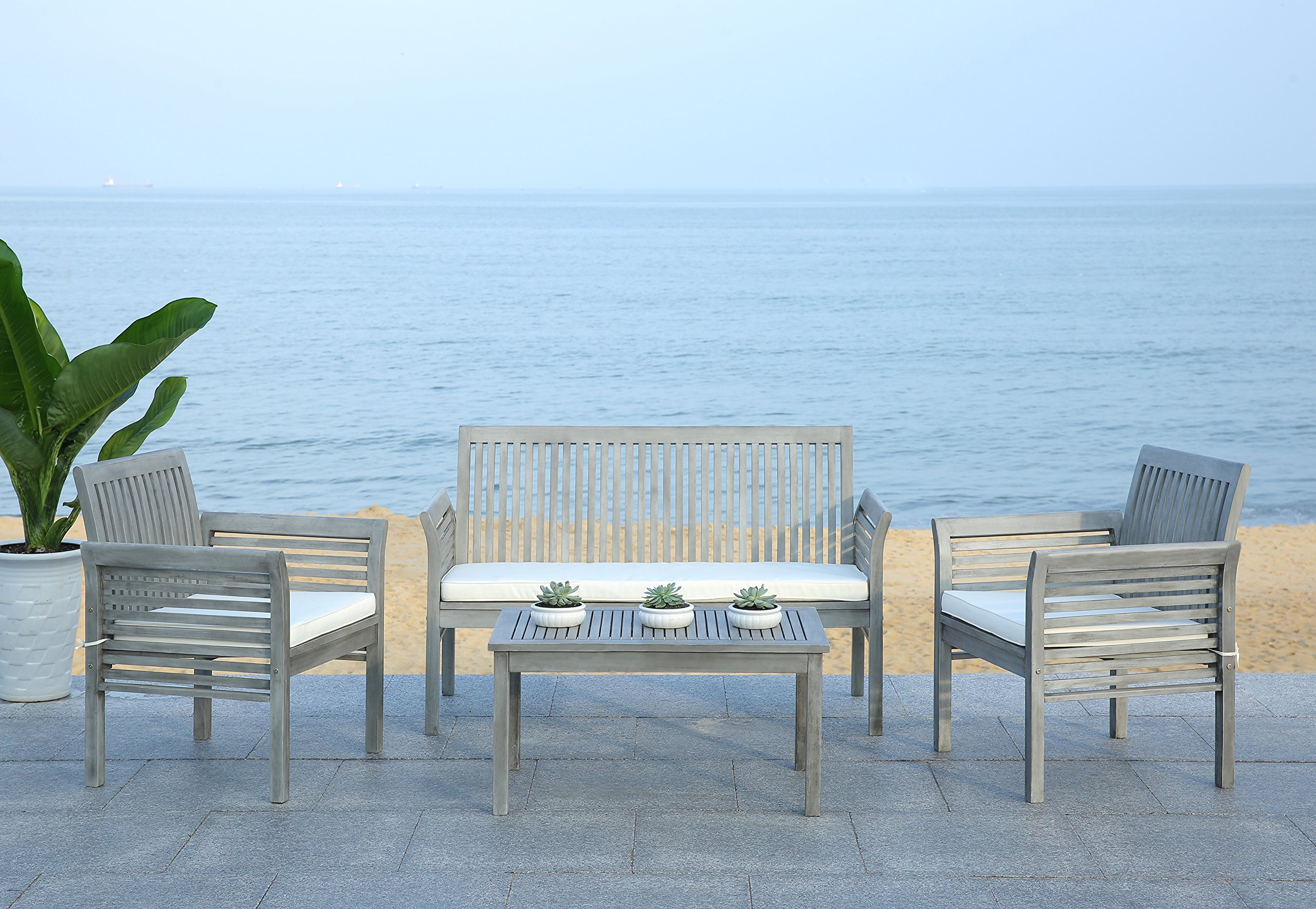 【Furniture】Outdoor Collection Carson Grey Wash/ Beige Cushions 4-Piece Conversation Patio Set