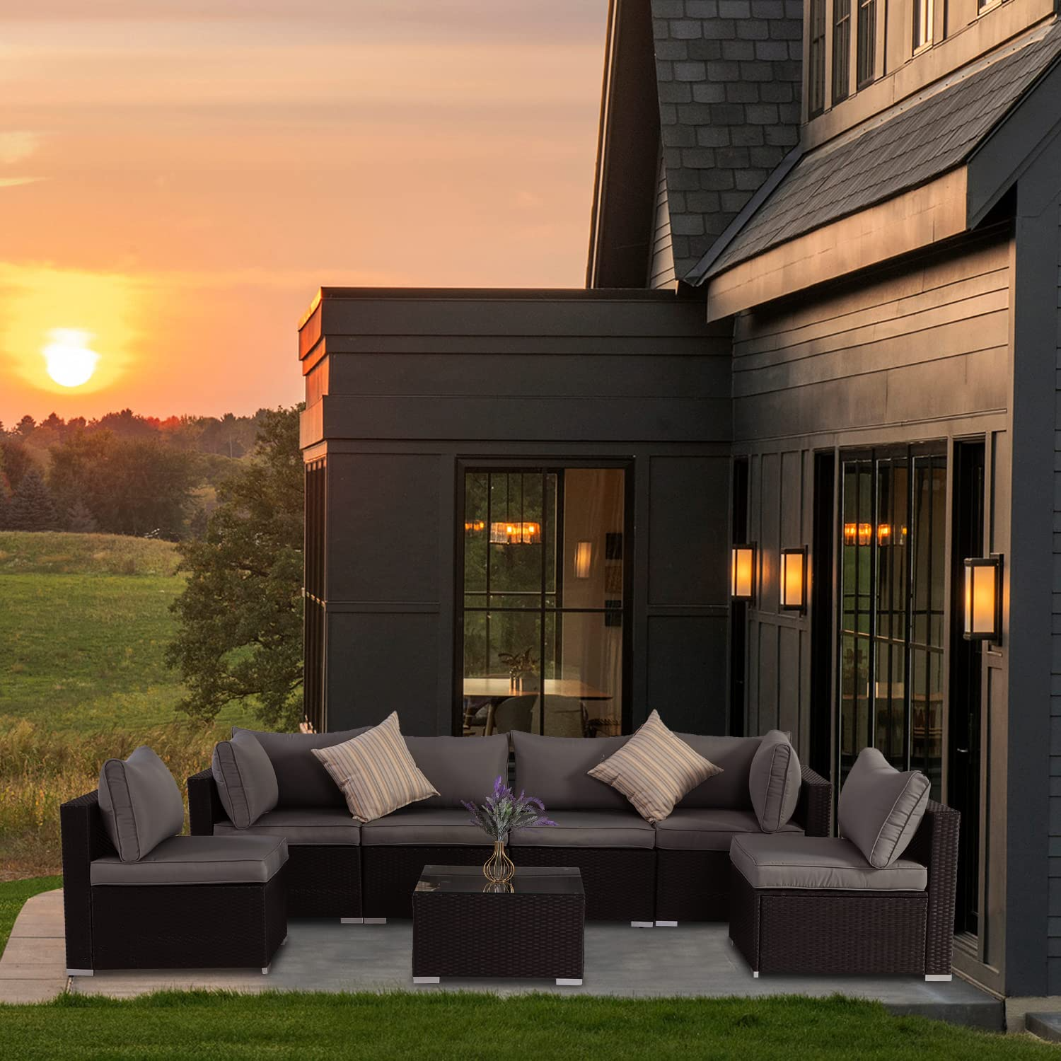 【Furniture】Outdoor Patio Furniture Set, 7 Pcs Patio Conversation Set Sectional Rattan Sofa Set