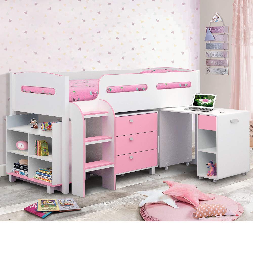 【Furniture】【BS】Kids Mid Sleeper Bed, Wood Contemporary Desk Drawers Shelf Storage Bed with Pocket Sprung Mattress