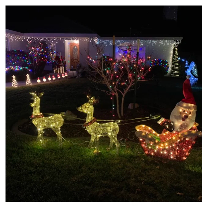 【Décor】Santa with 2 Deer Sleigh Christmas Decoration Lighted Display