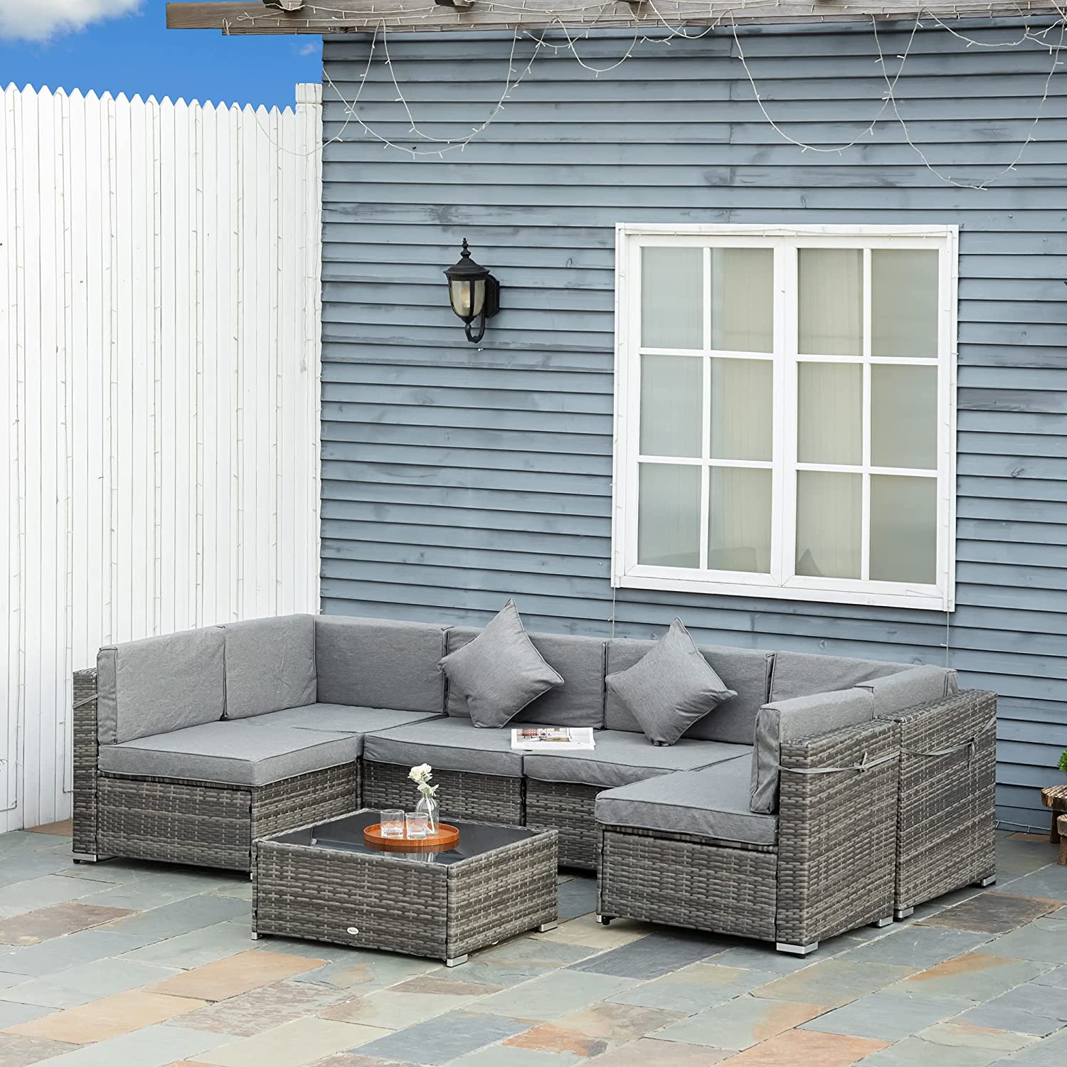【Furniture】7 Pcs Outdoor Rattan Furniture Set, Patio Wicker Sectional Conversation Sofa Set, Grey