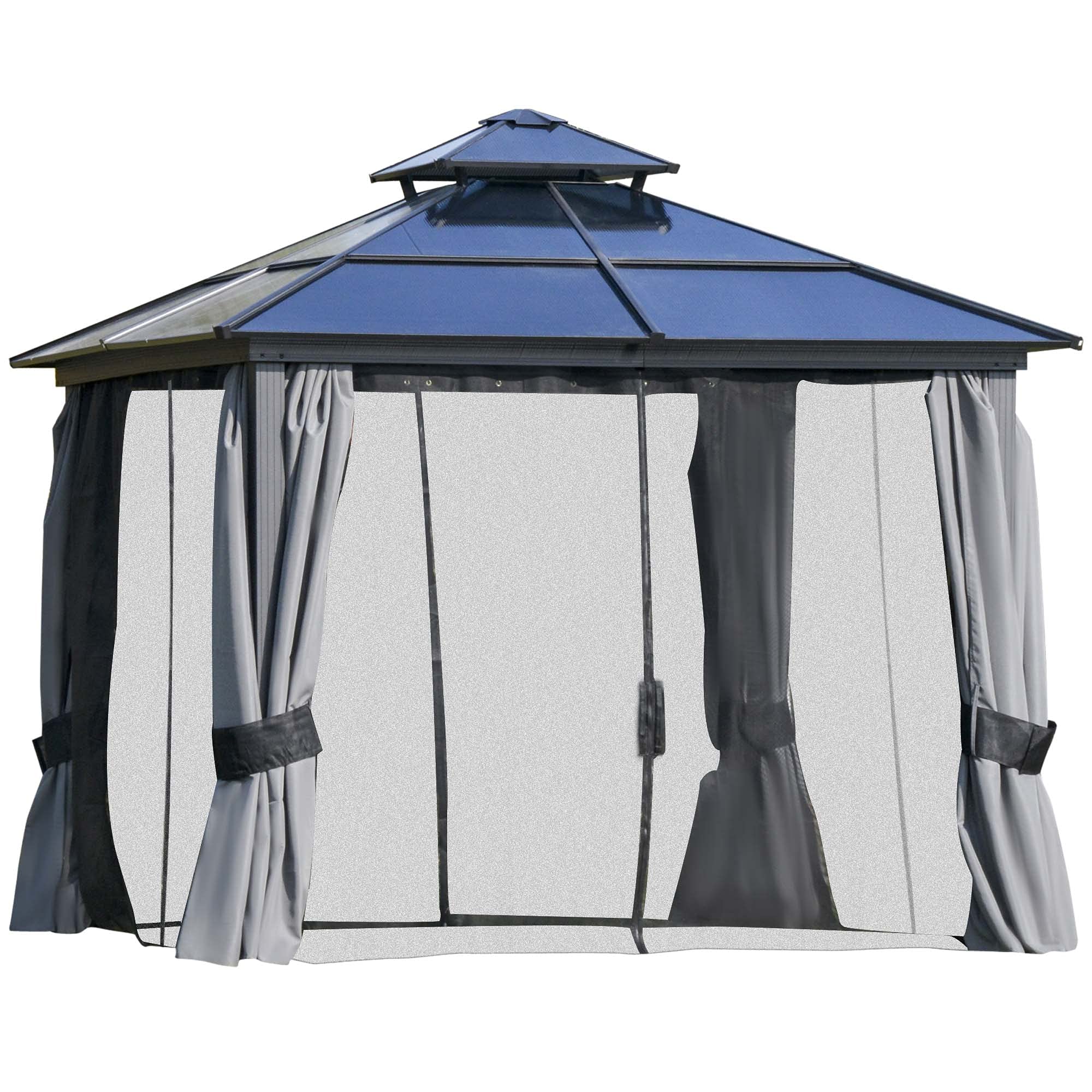 【Gazebo】Polycarbonate Hardtop Gazebo Canopy Outdoor Double Tier Roof Aluminum Frame with Curtains