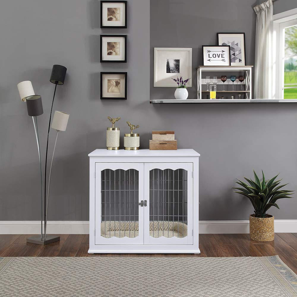 【Pet】Furniture Style Dog Crate End Table with Cushion, Wooden Wire Pet Kennels with Double Doors