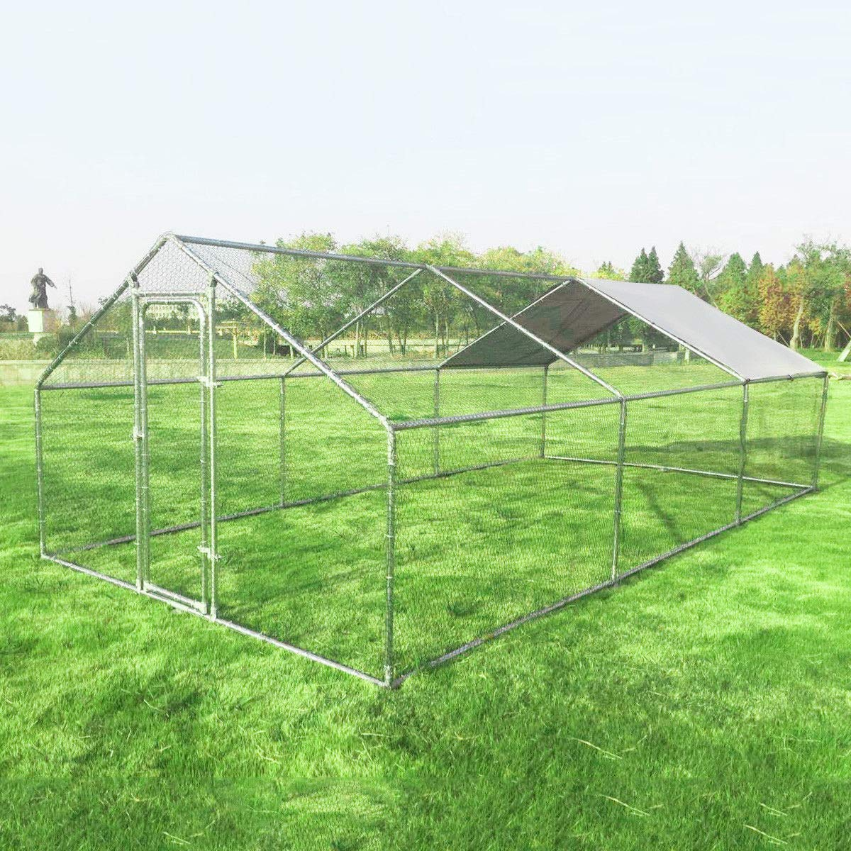 【Pet】10'x20'x6.4' Large Walk-in Hen House with Cover, Galvanized Steel Poultry Run Extension