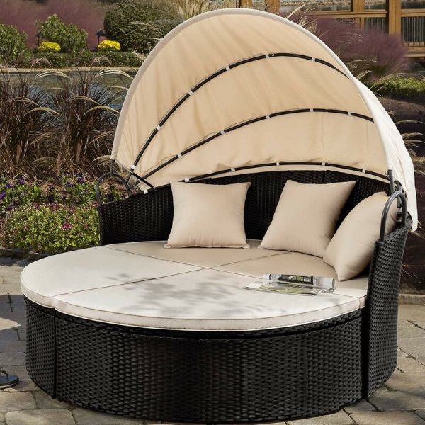 【Furniture】66” Wide Outdoor Wicker Patio Daybed with Cushions
