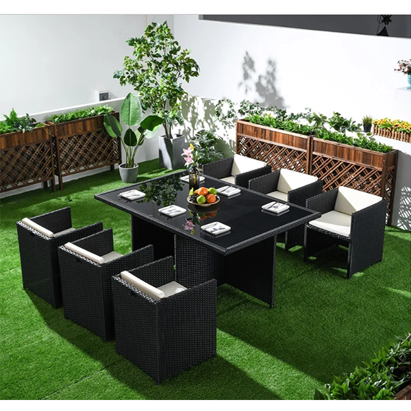 【Furniture】7-Piece Rattan Dining Set Outdoor Conversation Set with Glass-Top Rectangle Table and 6 Barrel Chair Cushion Included