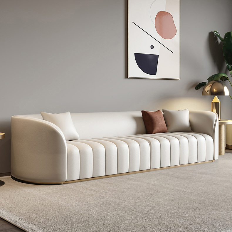 Modern Luxury Sofa White Nappa Leather Upholstery, 3-Seat Sofa with Surrounded Backrest