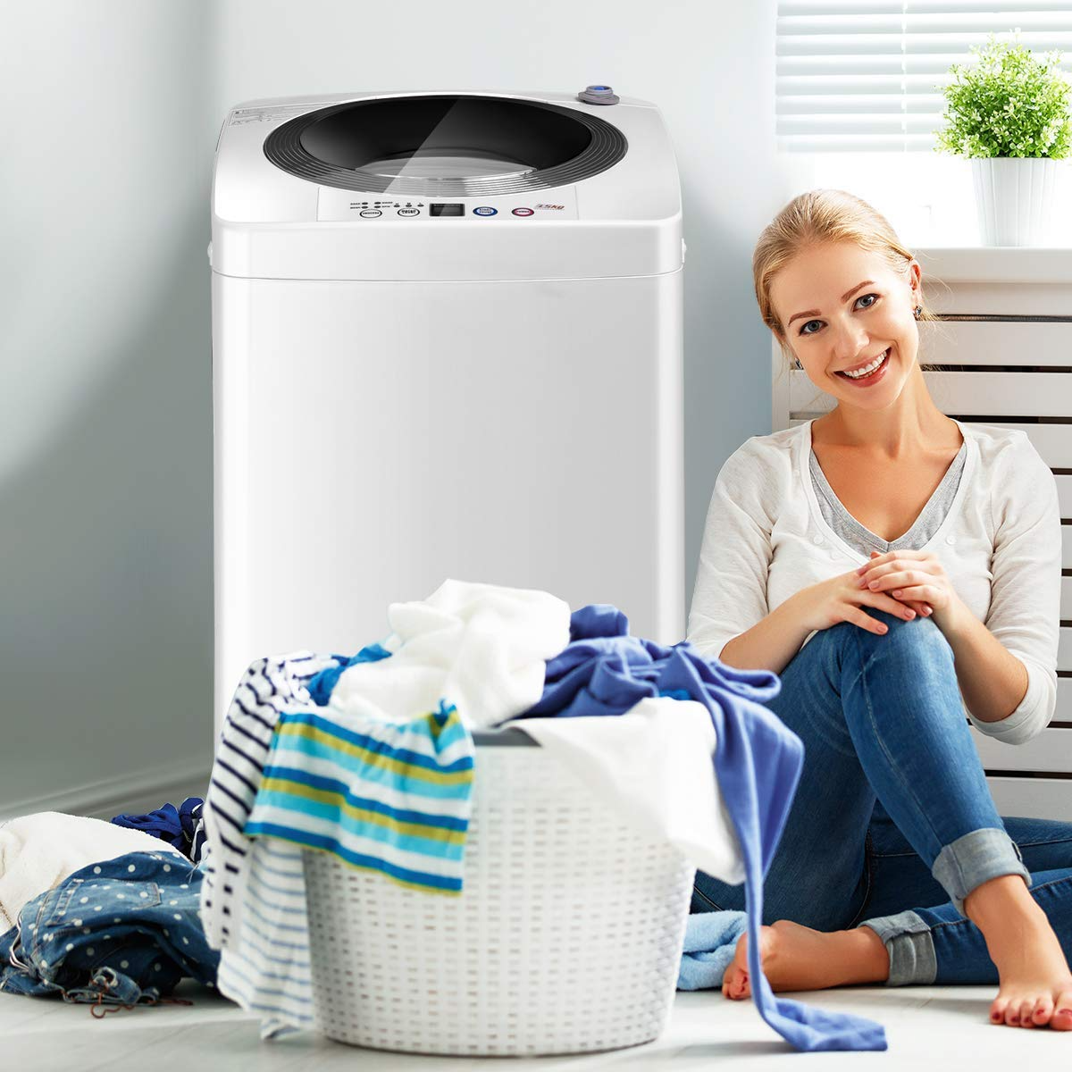 【Appliances】Giantex Portable Washing Machine, Full Automatic Washer & Dryer Combo with Built-in Pump Drain