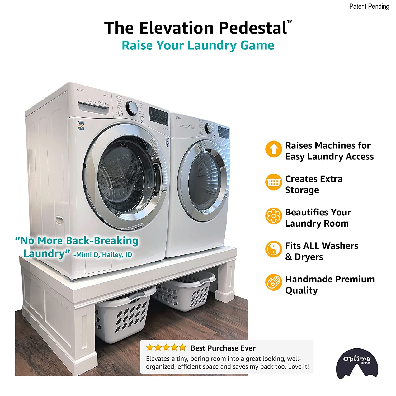 The Elevation Pedestal | Raises Your Washer & Dryer | Custom-Made to Fit All Machines, Samsung, LG, GE, Whirlpool, etc| Adds Storage, Beautifies Your Laundry Room | Premium, Solid Wood, 52-58” Wide