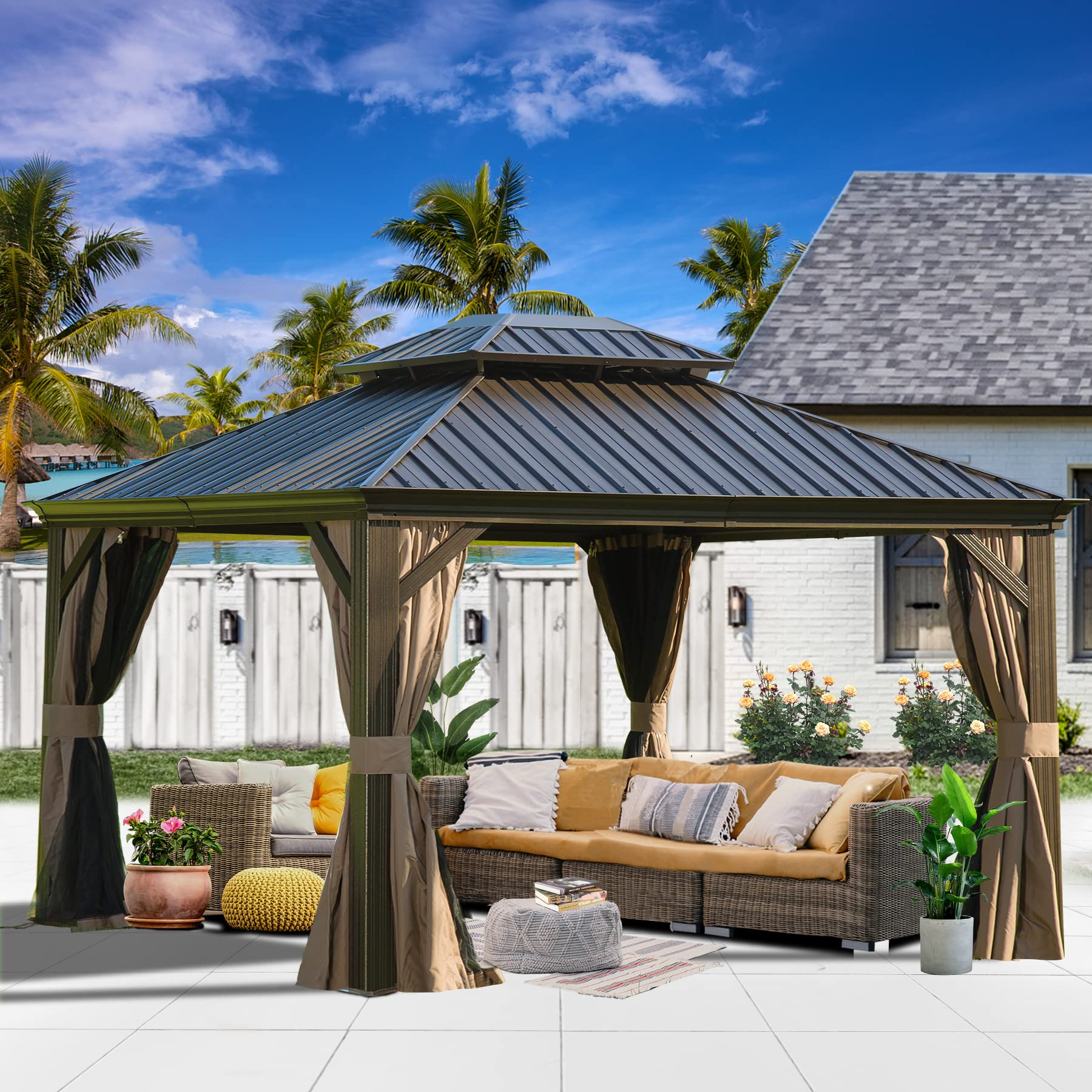 【Gazebo】10x12 Hardtop Gazebo Outdoor Aluminum Gazebos Grill with Galvanized Steel Double Canopy