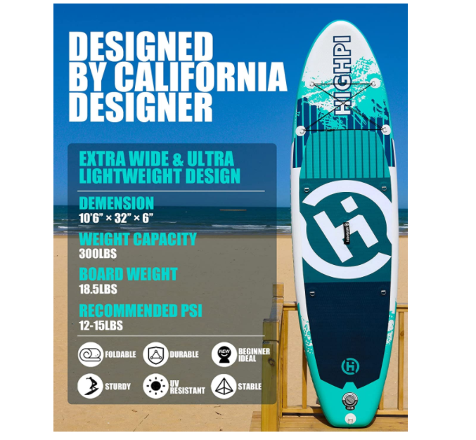 Highpi inflatable vertical paddle board 10'6 '' / 11 'advanced sup w accessories and backpacks, wide posture, surfing control, non-skid deck, traction belt, paddle and pump, youth and adult standing boat