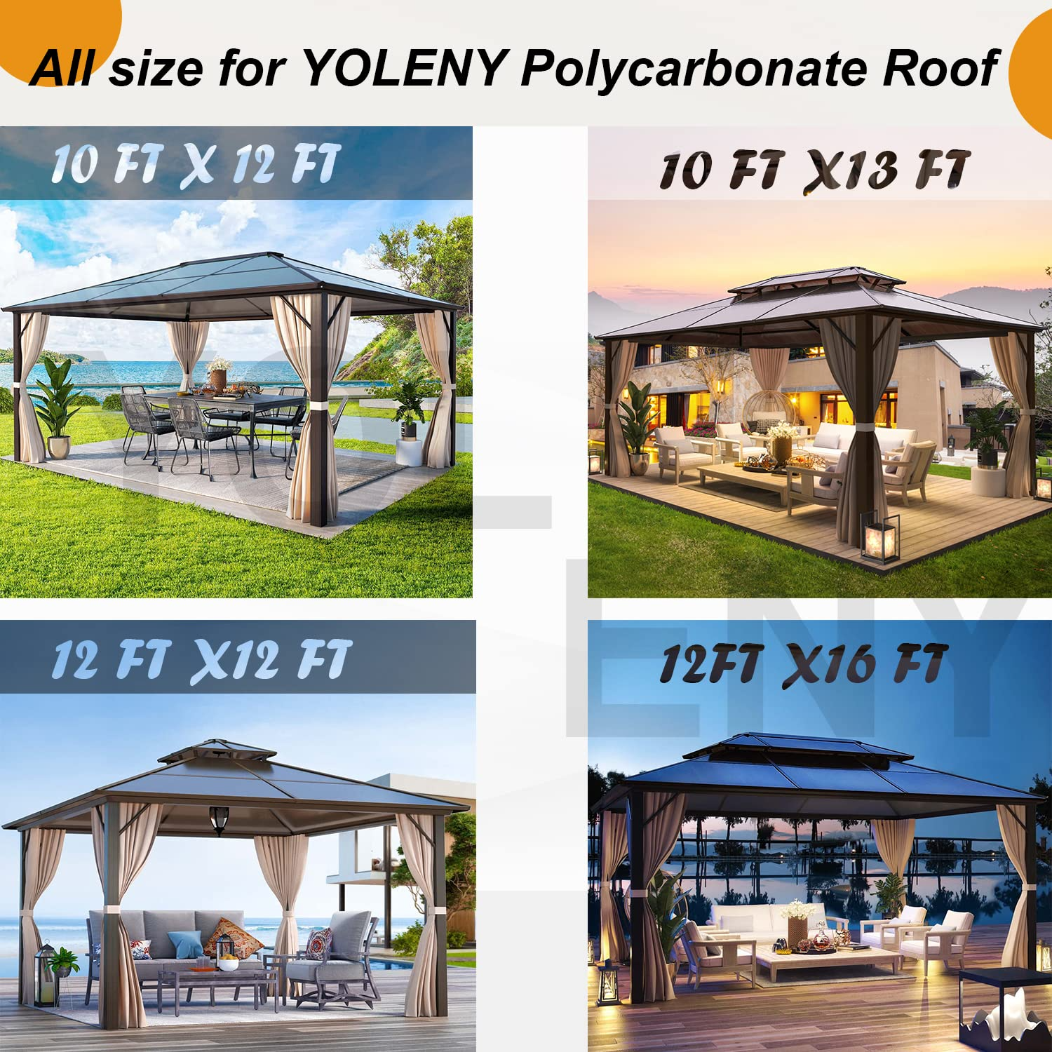 【Gazebo】10'x12' Outdoor Hardtop Polycarbonate Gazebo Canopy Curtains Aluminum Frame for Garden, Patio