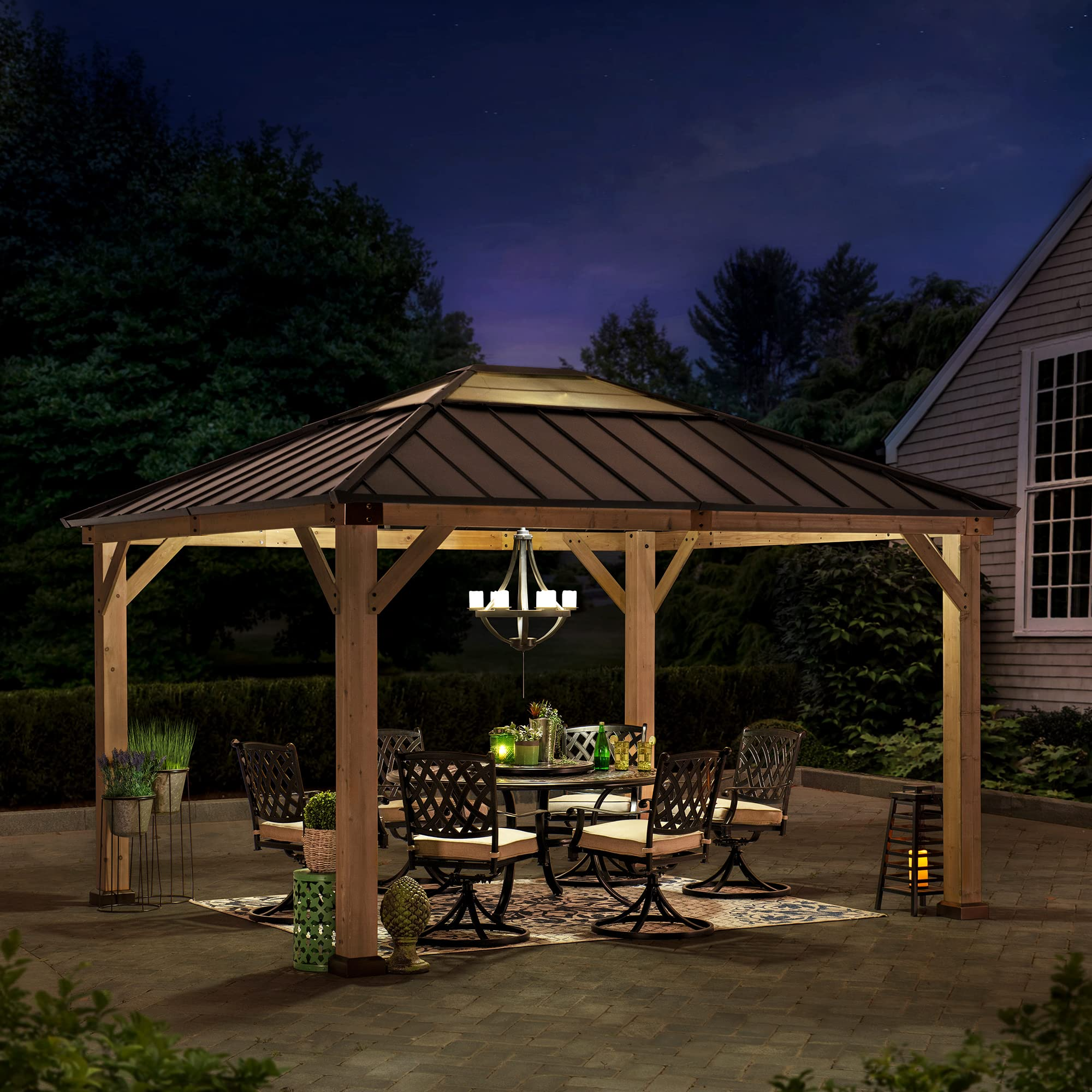【Gazebo】Outdoor Patio 11x13 Cedar Framed Wood Gazebo with Brown Steel & Polycarbonate Hip Roof Hardtop