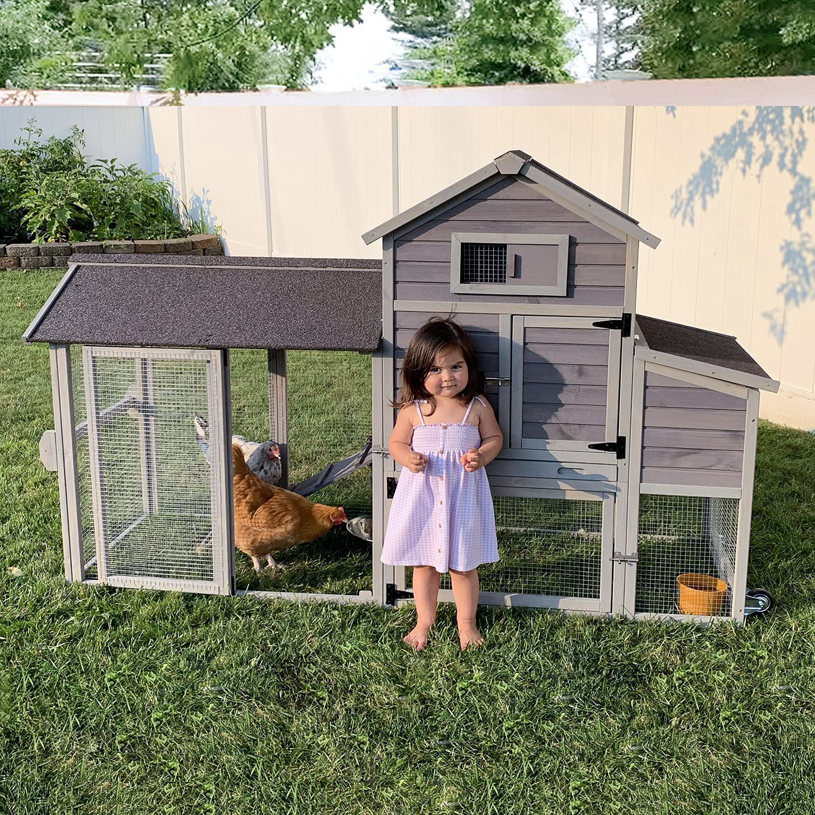 【Pet】80 Movable Chicken Coop with Wheel and Run, Large Backyard Hen House with Nesting Box
