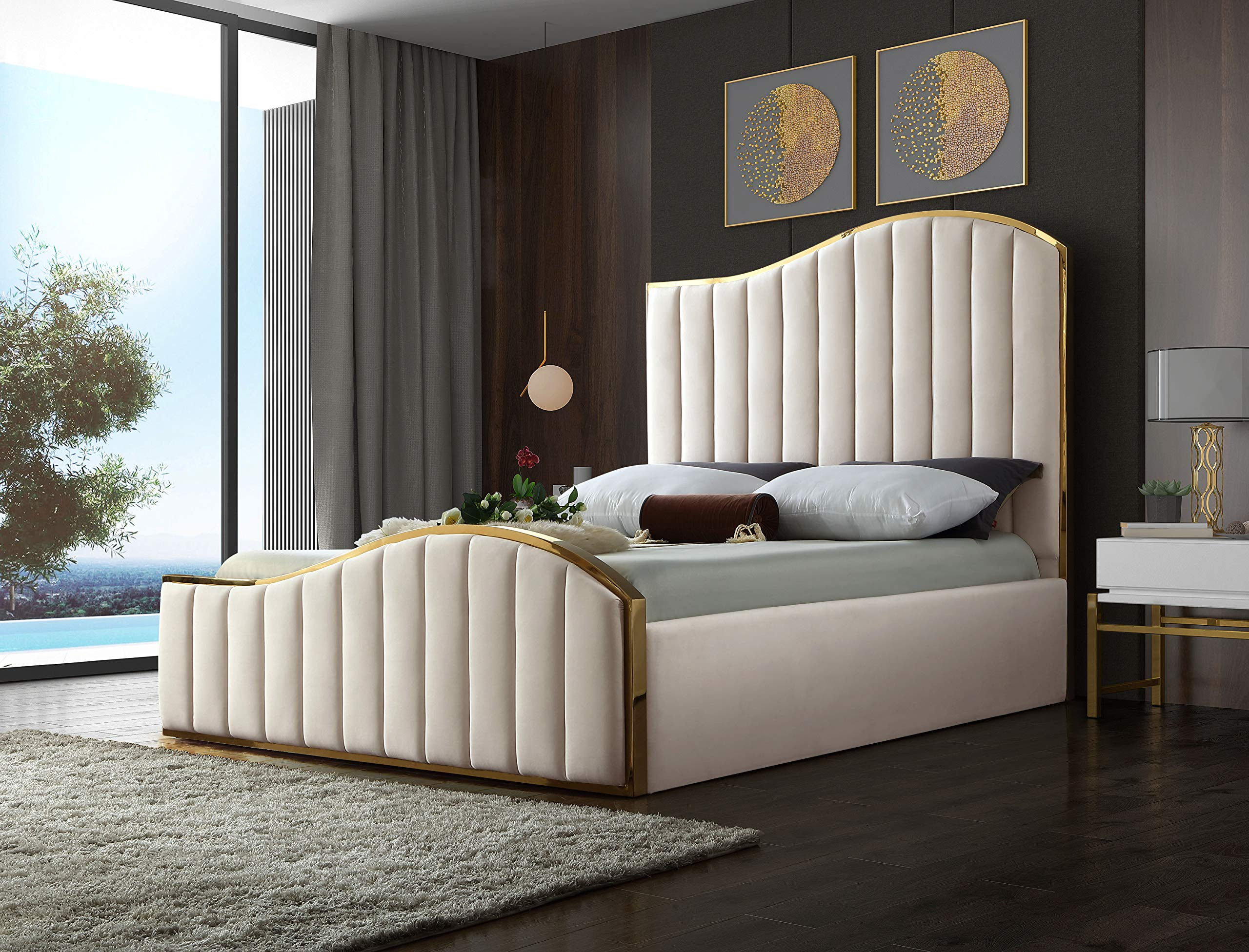 【Furniture】Contemporary Velvet Upholstered Bed With Channel Tufting & Polished Gold Metal Frame, King