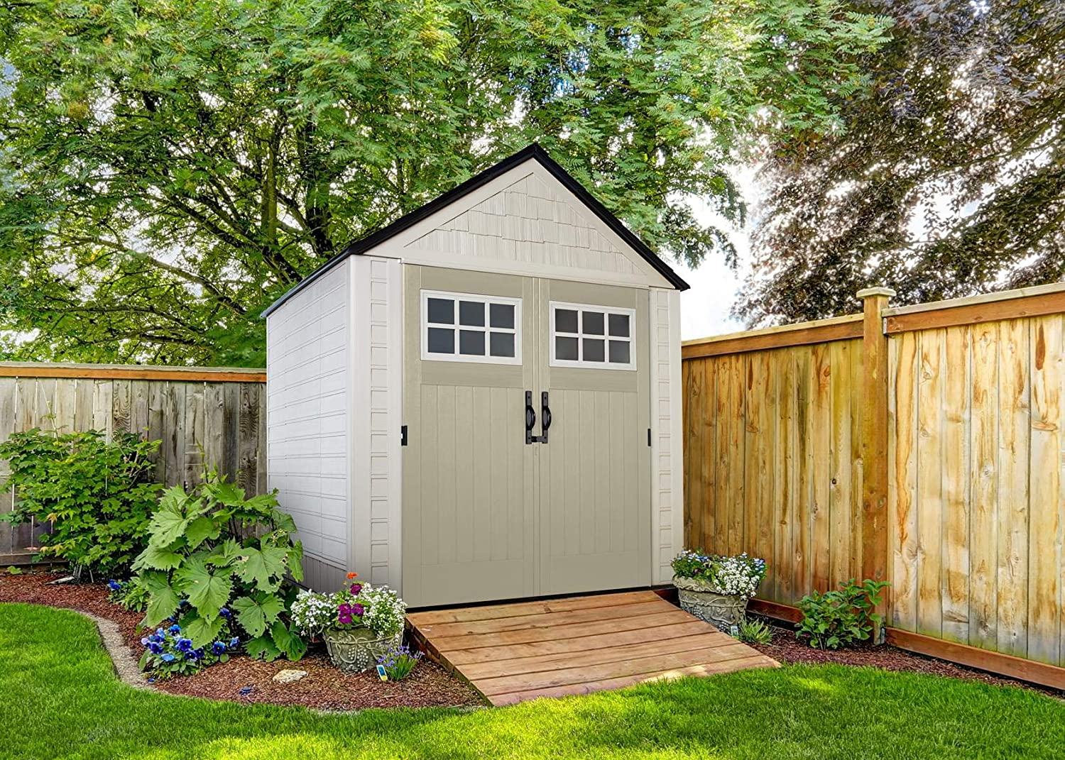 Rubbermaid 7 x 7 Feet Weather Resistant Resin Outdoor Storage Shed + 34 Inch Garden Tool & Sports Storage Rack for Sheds
