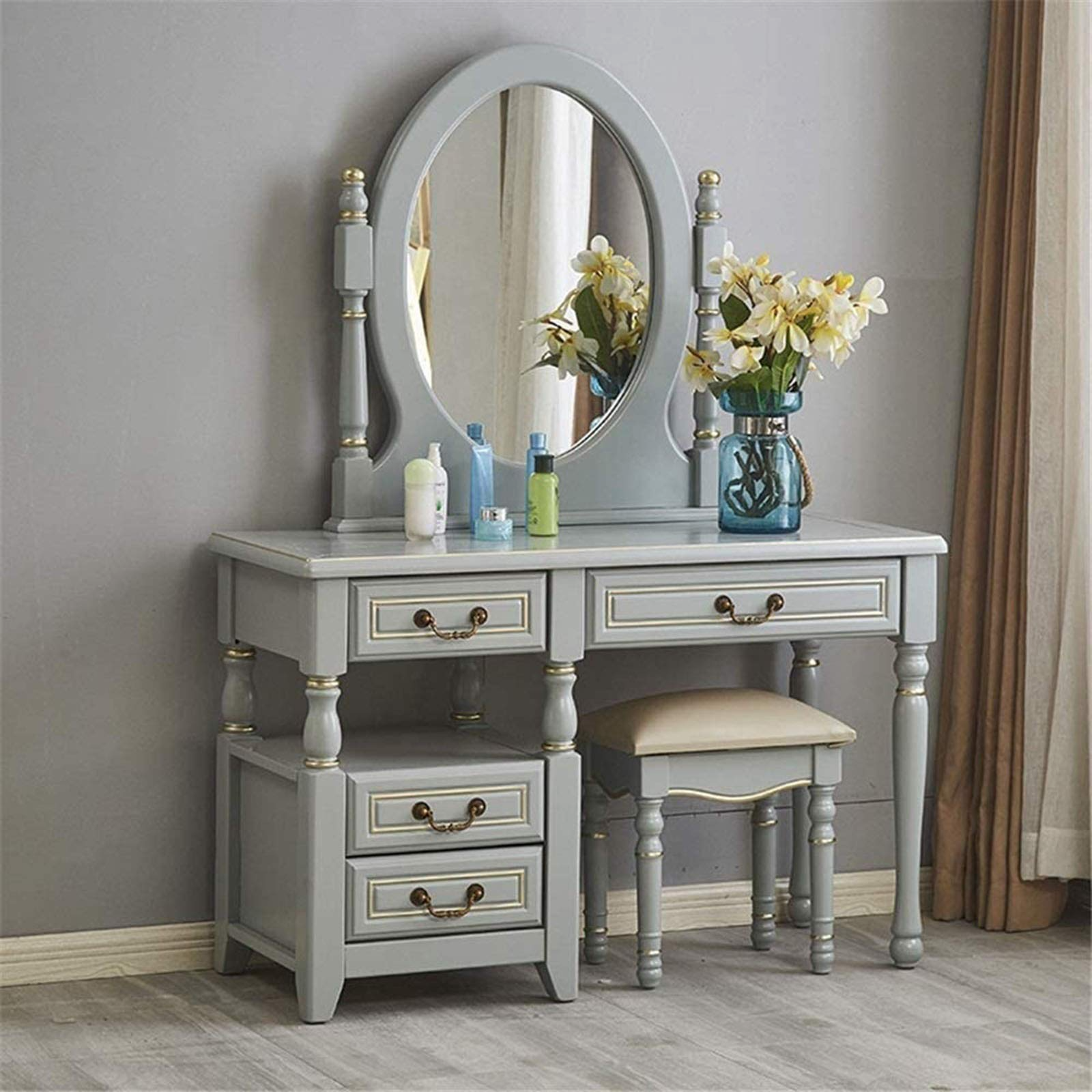 【Furniture】Dressing Table Bedroom Vanity Table Set, Makeup Table with Oval Mirror, Stool & 4 Drawers