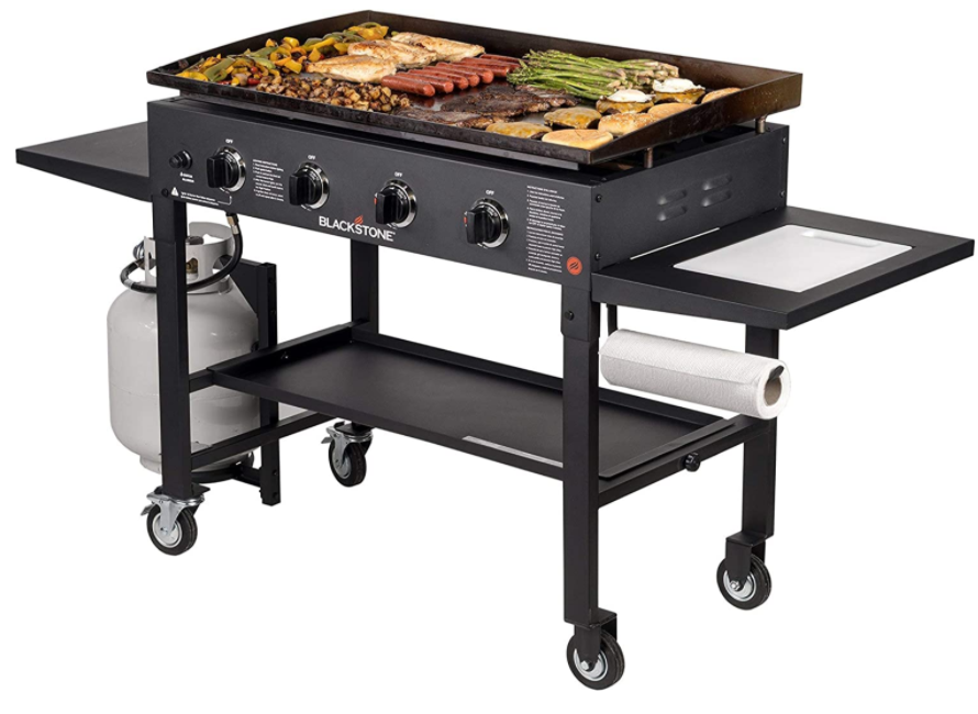 Blackstone 36-inch Cooking Station 4 Burner Propane fuel Restaurant Grade Professional 36-inch outdoor flat top gas grill pan with built-in cutting board, trash rack and side rack (1825), black