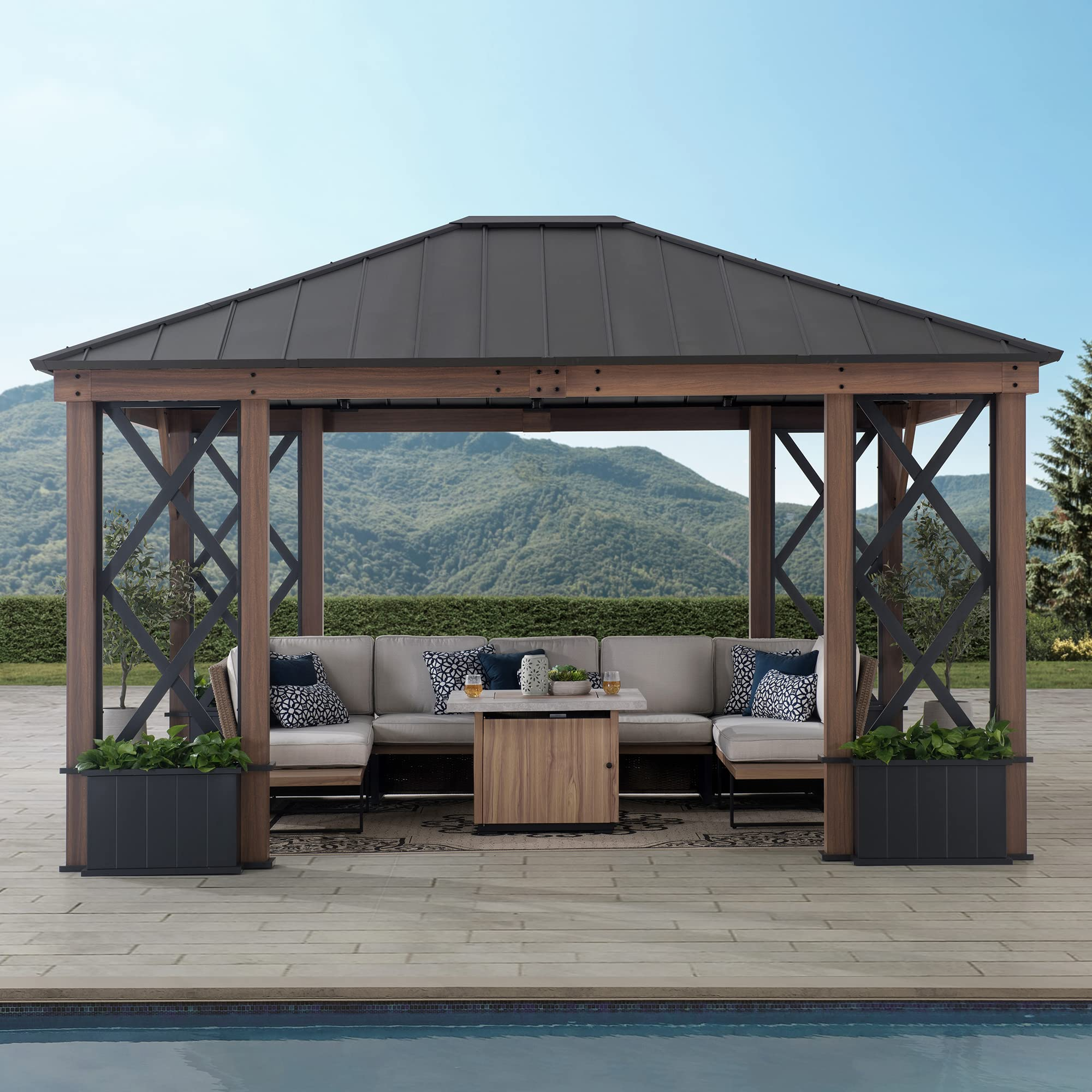 【Gazebo】13x15 Outdoor Steel Hardtop Gazebo with Planters & Ceiling Hook for Patio, Garden & Backyard Activities