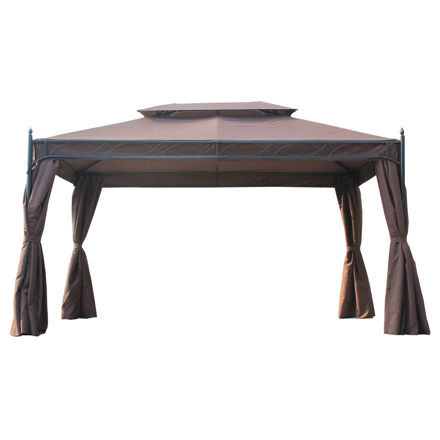 【Gazebo】Outsunny 10x13ft Garden Gazebo Double-Tiered with Curtain Outdoor Shelter Backyard Canopy Coffee