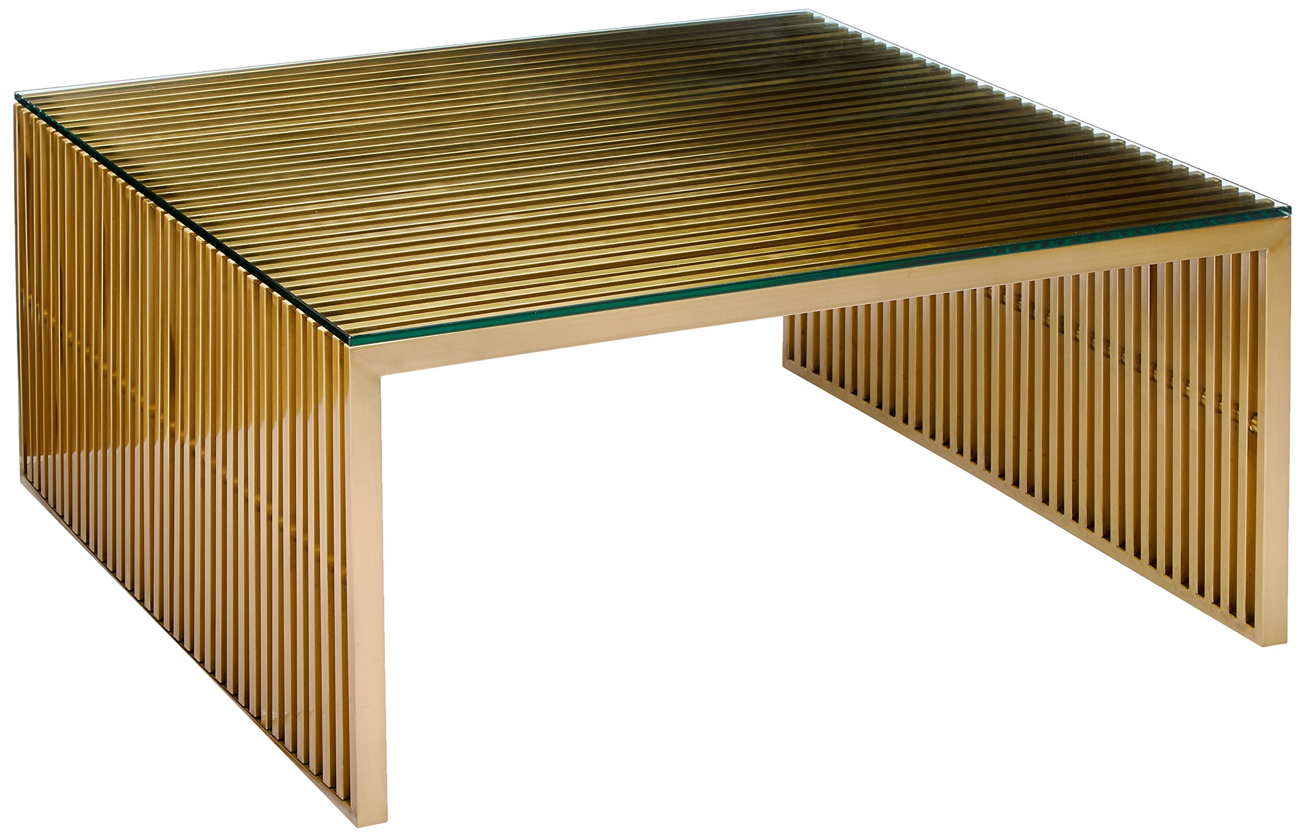 【Furniture】Gridiron Gold Contemporary Modern Stainless Steel Coffee Table With Tempered Glass Top