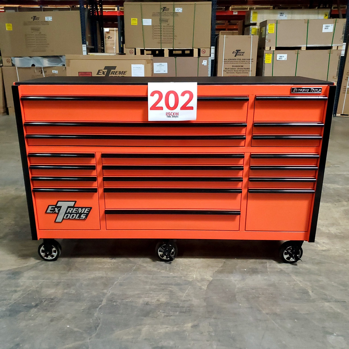 n- used toolboxScratch & Dent, Extreme Tools RX Series 72 19 Drawers 25 Deep Roller Cabinet, Orange, 150 lbs. Slides C Showroom Demon-