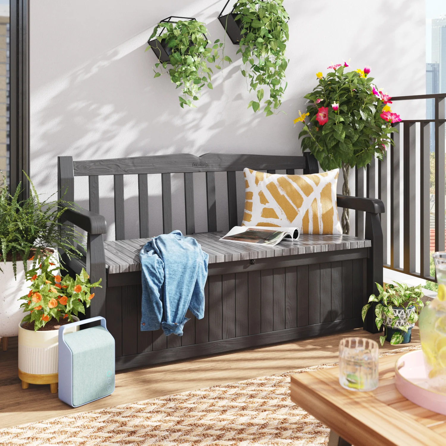 【Storage Shed】Solana Chic Elegant Wood-Look Storage Bench with Comfy Durable Weather Resistance Sitting