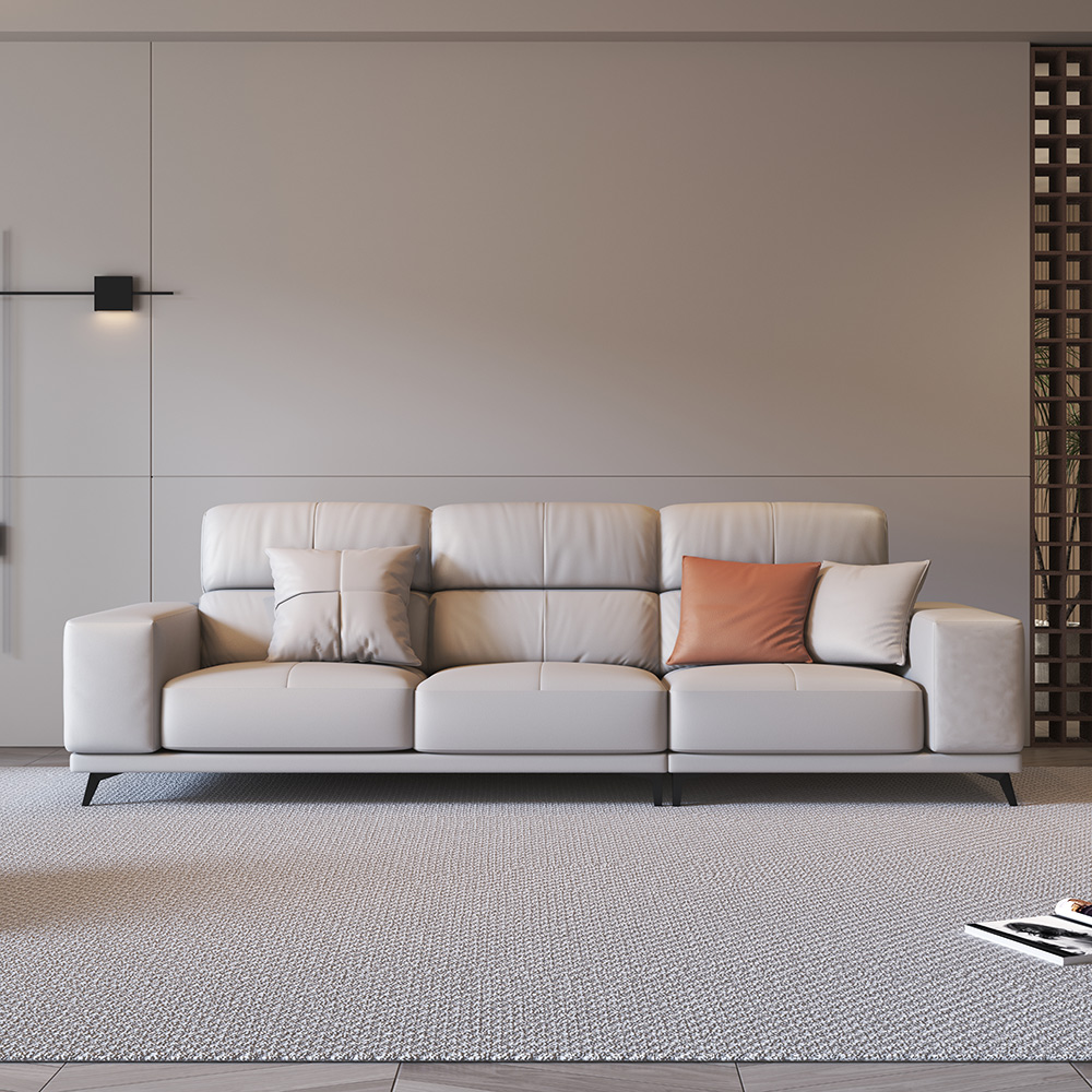 110'' Modern Leather Section Sofa with Doll Cotton Bags, Metal Legs, Gray, Skin Friendly Fabric, For Living Room