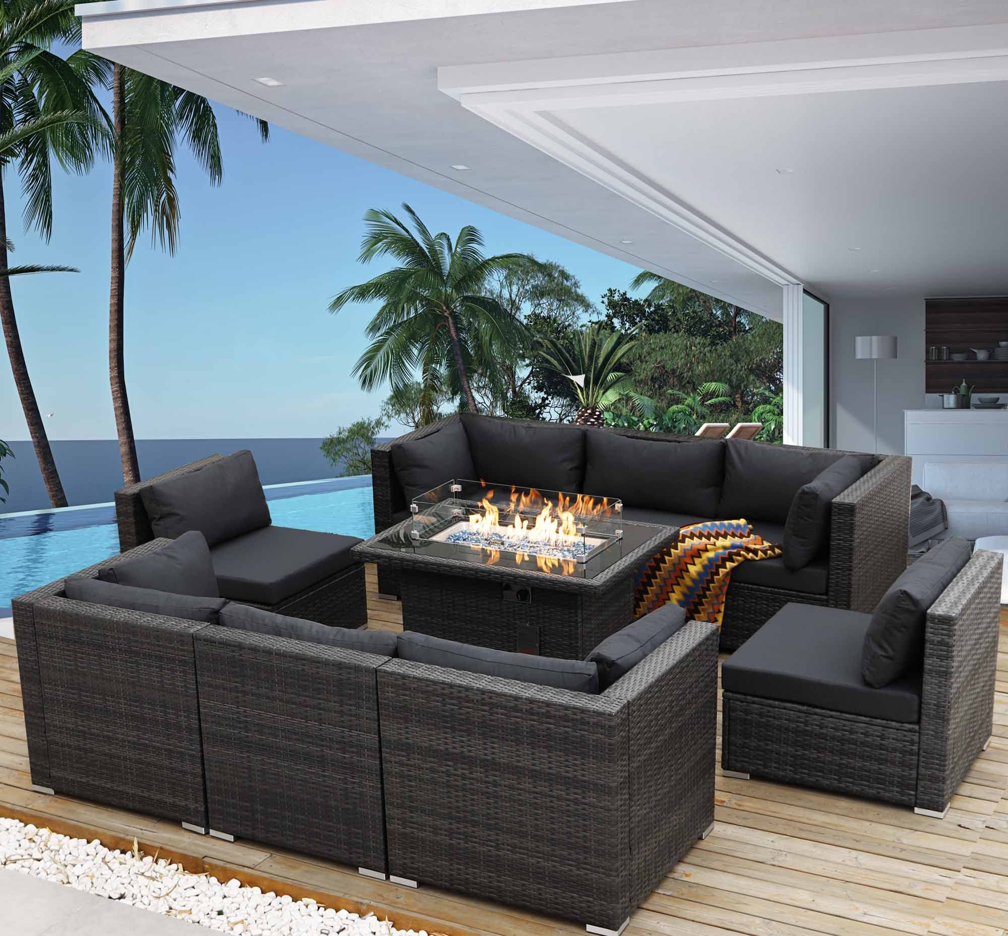 【Home&Garden】Large Size High Back PE Rattan Patio Furniture Sectional Sofa Sets with Fire Pit Table