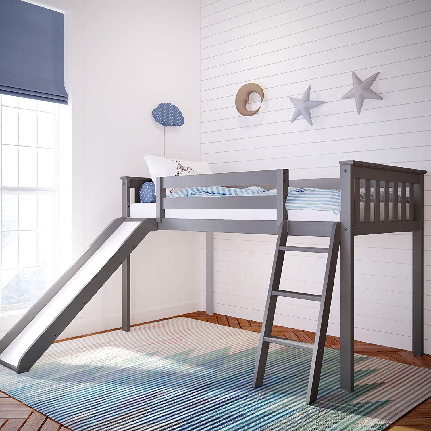 Max & Lily Low Loft Bed, Twin Bed Frame For Kids With Stairs and Slide, Grey