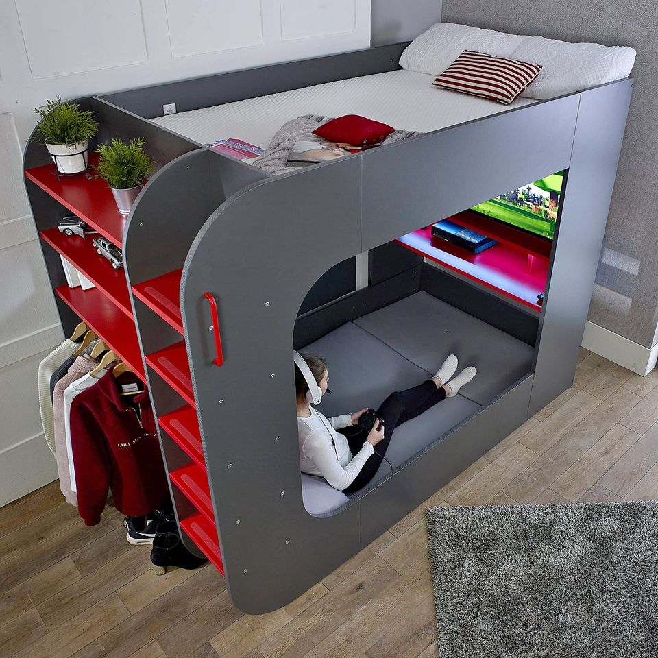 PodBed High Sleeper Gaming Bed with Sofa Bed, Built-In Desk & Open Wardrobe