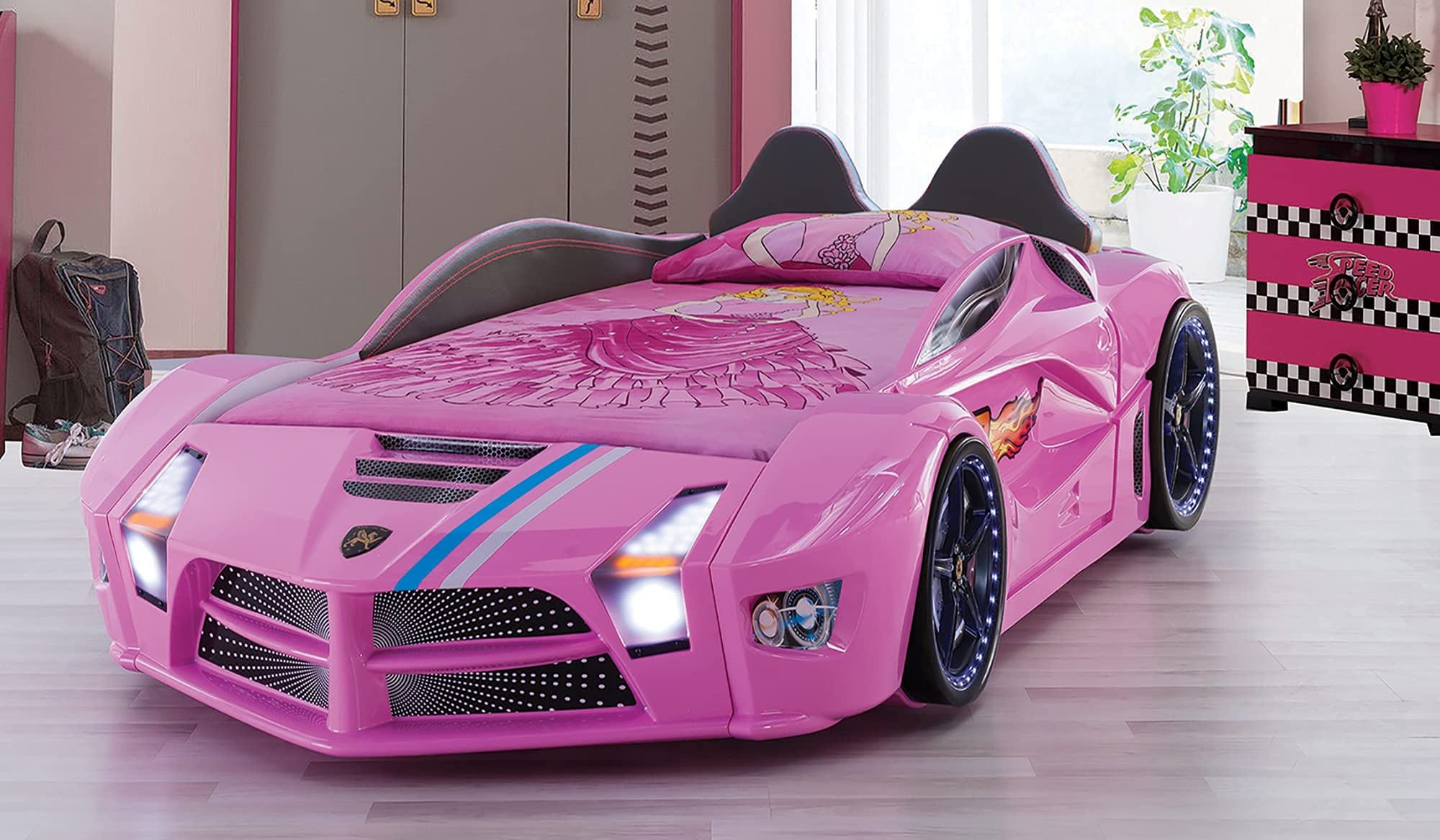 【Furniture】Racing Car Bed for Kids - Kids Car Bed with Led Lights, Single Race Car Bed with Leather Cushioning