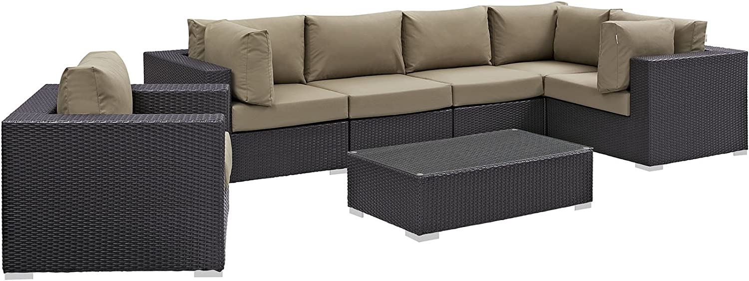 Modway EEI-2157-EXP-TRQ-SET 7 Piece Convene Wicker Rattan Outdoor Patio Sectional Sofa Furniture Set, Seating For Five, Turquoise