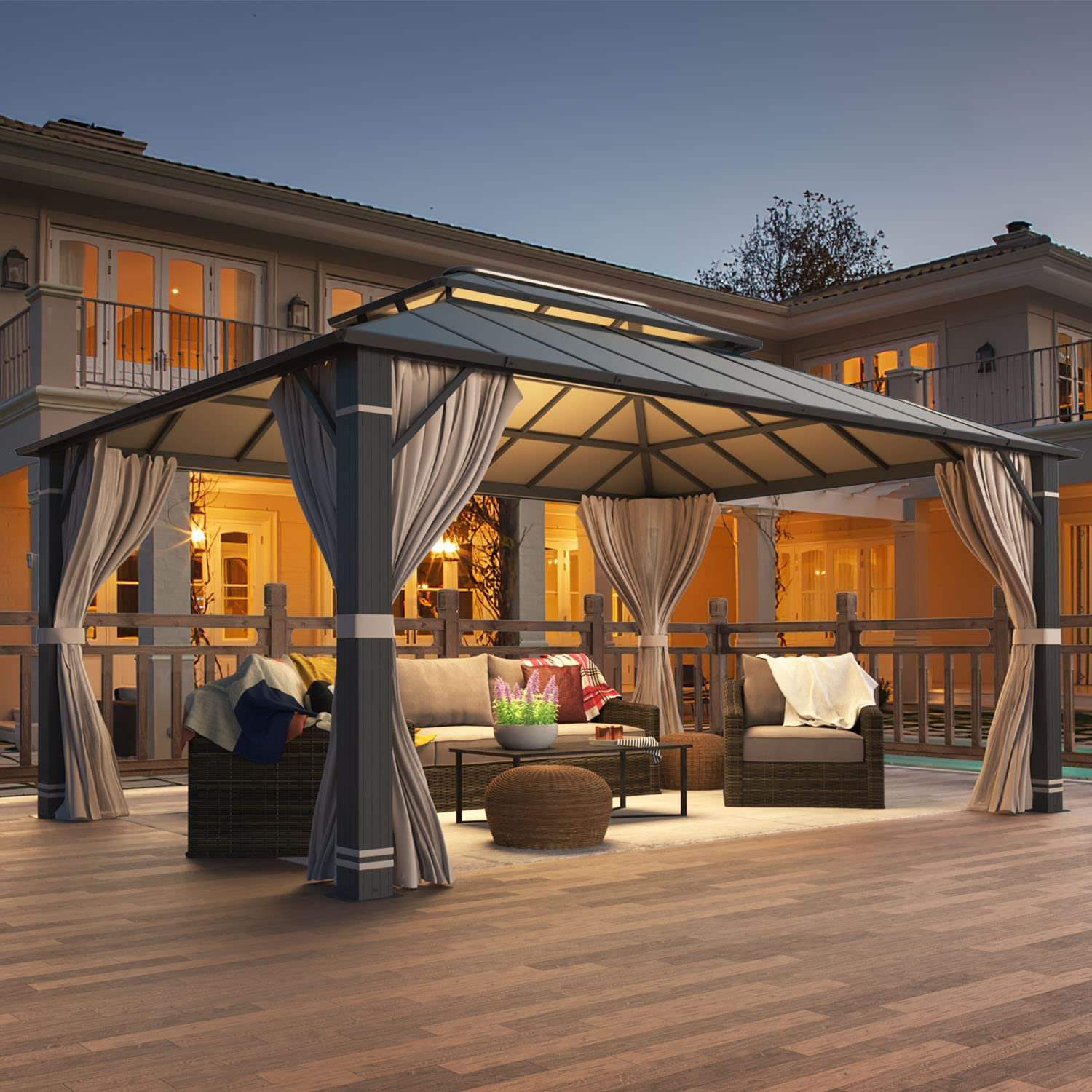 【Gazebo】12' x 16' Hardtop Gazebo, Permanent Outdoor Aluminum Patio Gazebo with Composite Double Roof