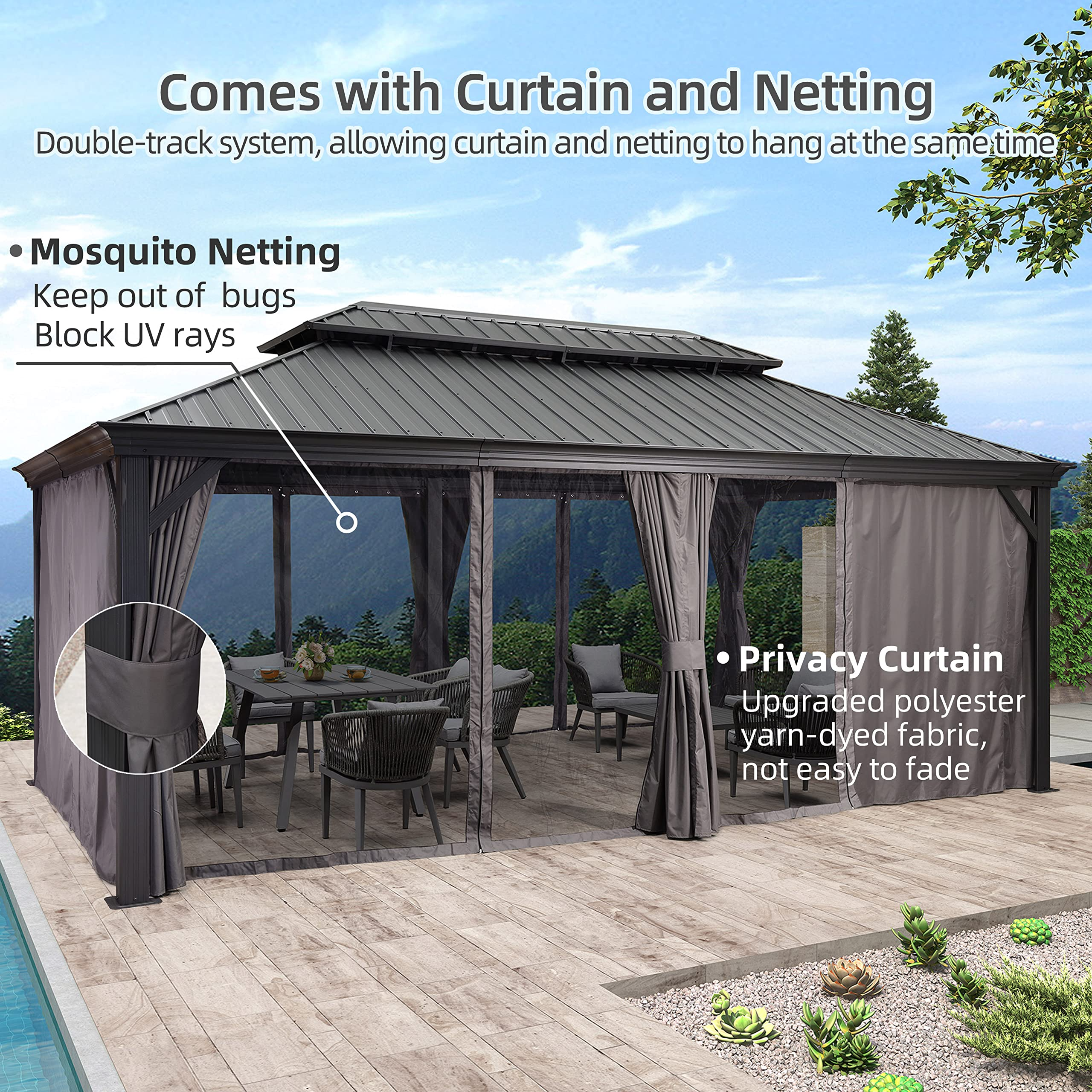 【Gazebo】12'x20' Permanent Hardtop Gazebo Aluminum Gazebo with Galvanized Steel Double Roof, Grey