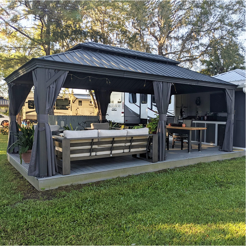 【Gazebo】12'x20' Permanent Hardtop Gazebo Aluminum Gazebo with Galvanized Steel Double Roof, Grey
