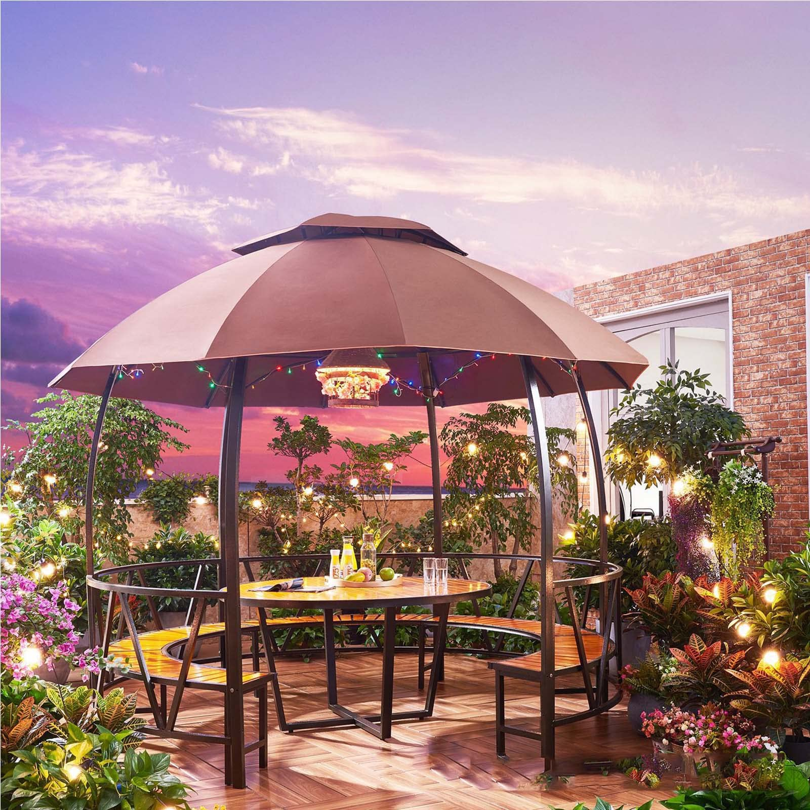 【Gazebo】Double Top Gazebos for Gardens, Castle Pergola with Chair & Table for Outdoor Courtyard Garden Villa